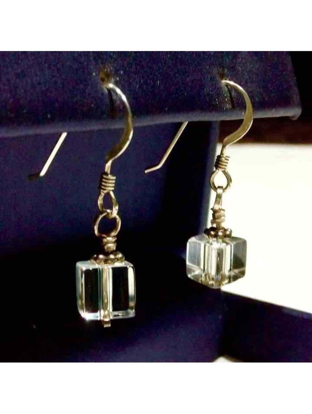 VINTAGE SQUARE CRYSTAL STERLING SILVER DANGLE HOOK EARRINGS